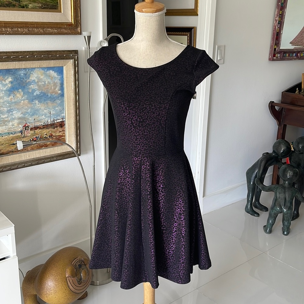 SNAP Black/Sparkly Purple Print  Fit & Flare Dress